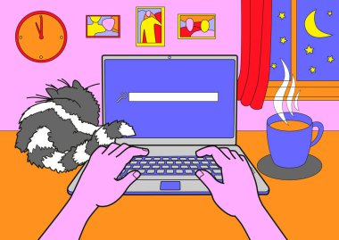 Evdeki bilgisayarı kullanan biri. Klavyede insan eli. İnternette aranıyor. Ev, insan, masa, fincan, kedi