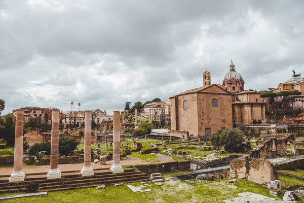 beautiful roman forum ruins on cloudy day, Rome, Italy