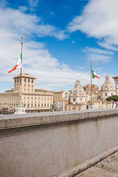 domes of Santa Maria di Loreto church seen from Altare della Patria (Altar of the Fatherland) at Rome, Italy