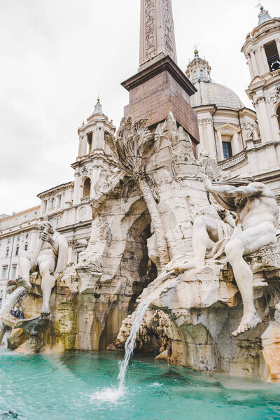 ROME, ITALY - 10 MARCH 2018: close-up shot of ancient Fountain of Four Rivers