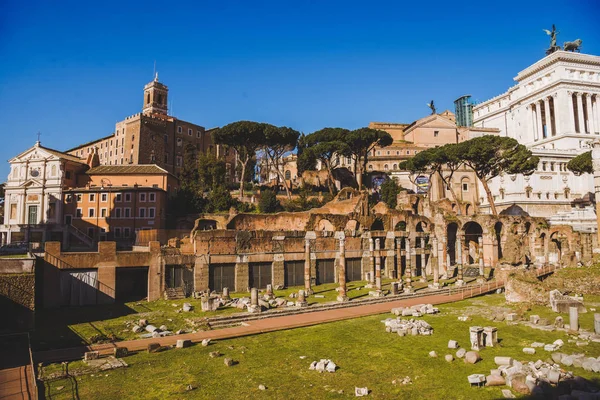 Ruínas do fórum romano no dia ensolarado, Roma, Itália — Fotografia de Stock