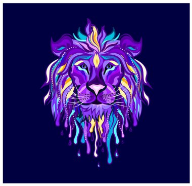 Aslan başlı dövme. Pop-art tarzında siyah bir arka planda aslanın kafasının çok renkli portresi. Duvar etiketleri