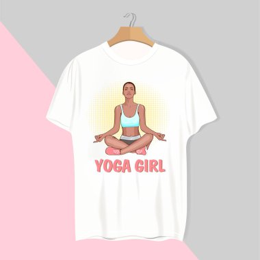 Pembe arka planda yoga yapan kız tişörtü. Yazdır. Fikrin için model al.