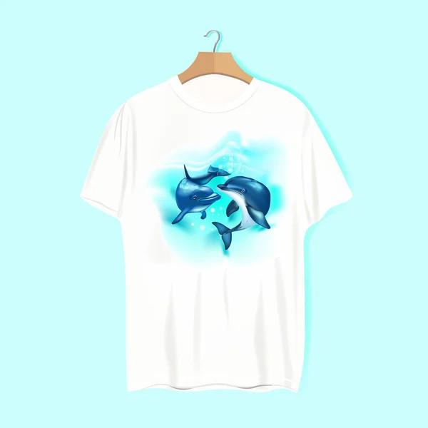 Mockup Für Ihre Idee Delphine Shirt Kleidung Auf Blauem Hintergrund — Stockvektor