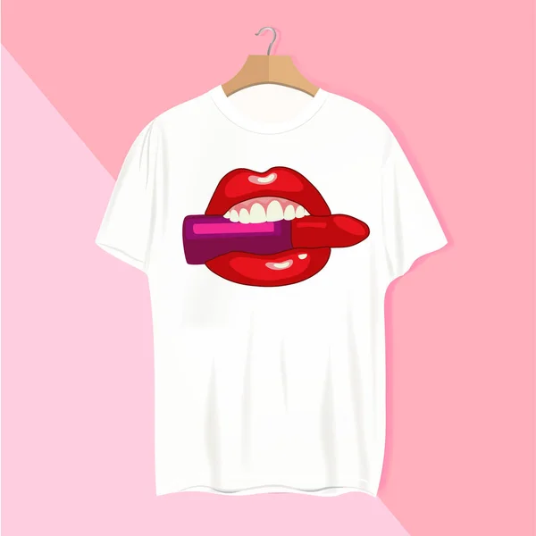 Lips Lipstick Shirt Pink Background Print Mockup Your Idea — Stock Vector