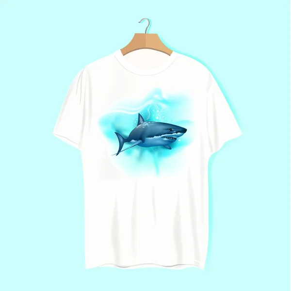 Shirt Bianca Shark Sfondo Blu Mockup Tua Idea — Vettoriale Stock
