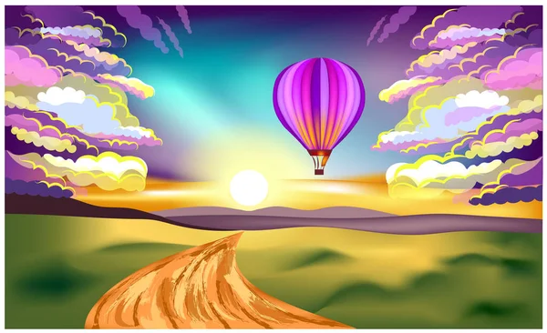 Gün batımında sıcak hava balonu. Çok renkli balon, gün batımında yol üzerinde uçuyor. Güzel bir günbatımının renkli sanatsal görüntüsü.