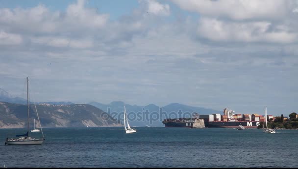 Konténerszállító hajók, a Portovenere-öböl — Stock videók