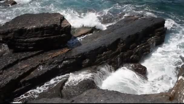 Olas de mar estrellándose sobre las rocas h — Vídeos de Stock