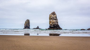 The Needles rock formation at low tide, Cannon Beach, Oregon
