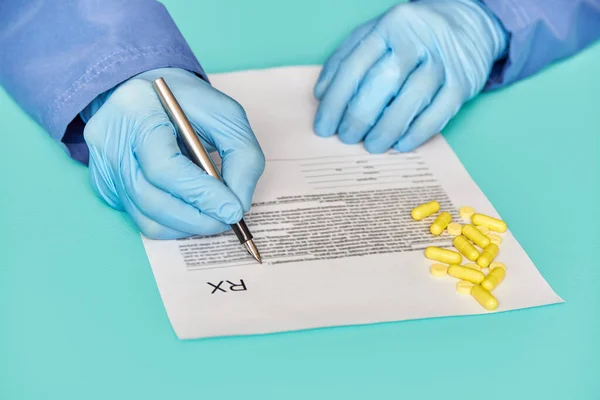 Doctor Prescribes Pills Blue Background — Stock Photo, Image