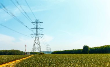 Yüksek voltaj postası. Yüksek voltajlı gökyüzü arka planı..