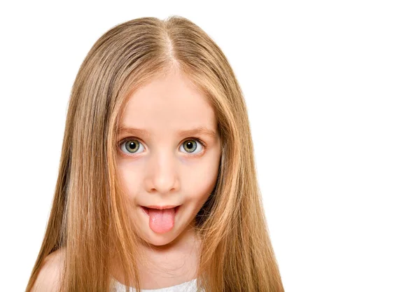 Retrato Una Hermosa Chica Divertida Mostrando Lengua Primer Plano Aislado —  Fotos de Stock