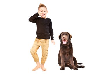 Neşeli güzel çocuk ve Labrador beyaz arka planda izole edilmiş.