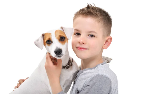 Retrato Menino Bonito Com Seu Cão Close Isolado Fundo Branco — Fotografia de Stock