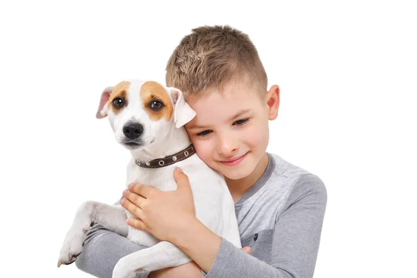 Porträtt Söt Pojke Med Sin Hund Parson Russell Terrier Närbild — Stockfoto