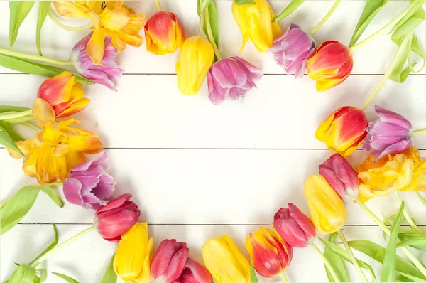 Tulipany serca ramki na biały drewno — Zdjęcie stockowe