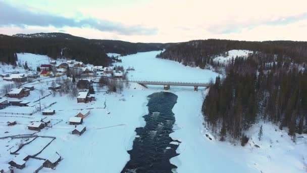 Umba Village Winter Kola Peninsula Snow River Ice Aerial — 비디오