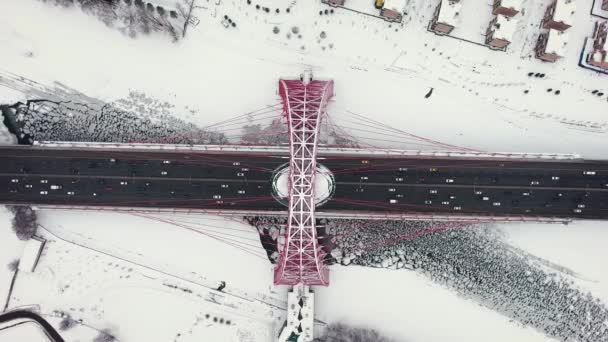 Moskva Ryssland Zhivopisniy Bro Vacker Röd Kabel Stannade Bron Vintern — Stockvideo