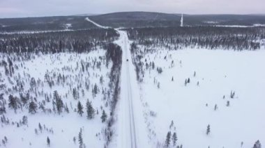 Karlı kış yolundaki araba. Havadan