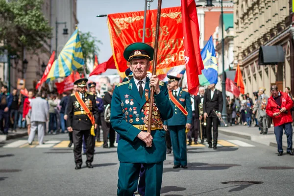 Moscovo Rússia Veteranos Segunda Guerra Mundial Nas Ruas Cidade Procissão — Fotografia de Stock