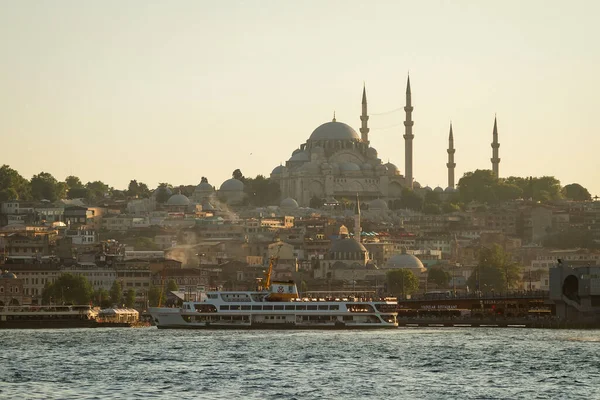 İstanbul, Türkiye. Günbatımında Boğaz 'daki eski şehrin arka planında bir gemi.