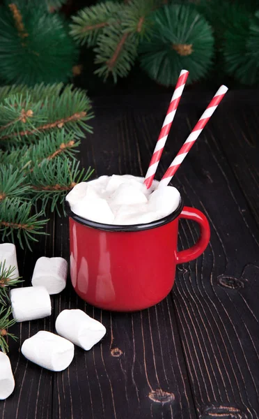 Red enamel cup of hot cocoa with marshmallows on dark wooden bac — Stock Photo, Image