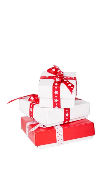 Three present boxes with ribbons isolated on white — Stock Photo, Image