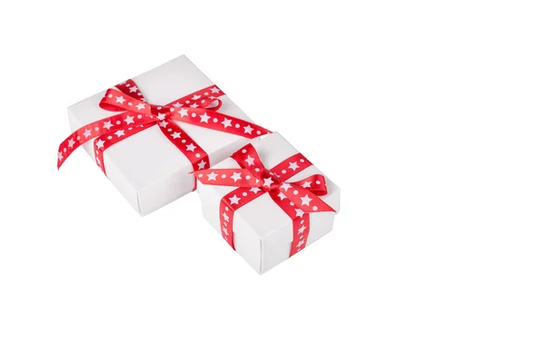 Two present boxes with ribbons isolated on white — Stock Photo, Image