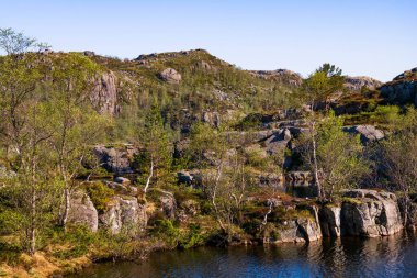 Cliff Preikestolen Norveç 'te. Kayaların arasında bir gölet. Bir kaya rafından güzel manzara.