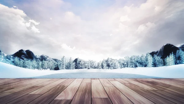 Terraço chillout de madeira na paisagem de montanha de inverno — Fotografia de Stock