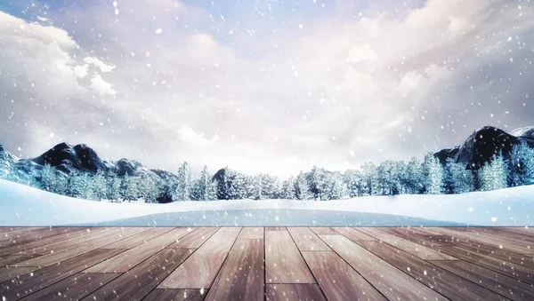 Wooden terrace in winter mountain landscape at snowfall — Stock Photo, Image