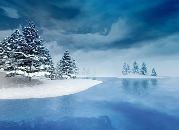 Bevroren rivier met bomen en bewolkte hemel — Stockfoto