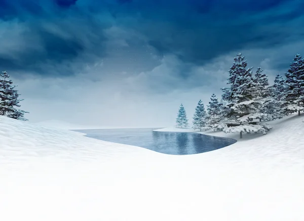 Gefrorenes Pfund mit Bäumen und bewölktem Himmel — Stockfoto