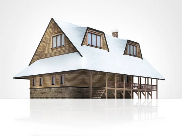 Trä fjällstuga med snöiga tak — Stockfoto