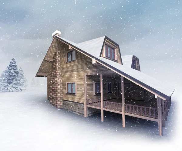 Seasonal wooden lodge at winter snowfall — Stock Photo, Image