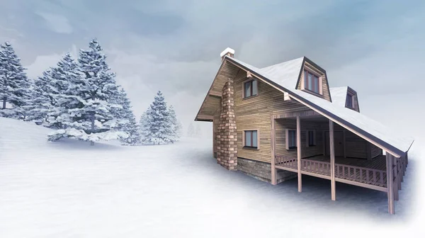 Wooden lodge at winter landscape with trees — Stock Photo, Image