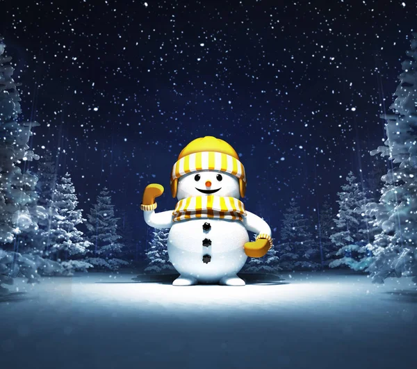 Happy snowman in winter snowy woods — Stock Photo, Image