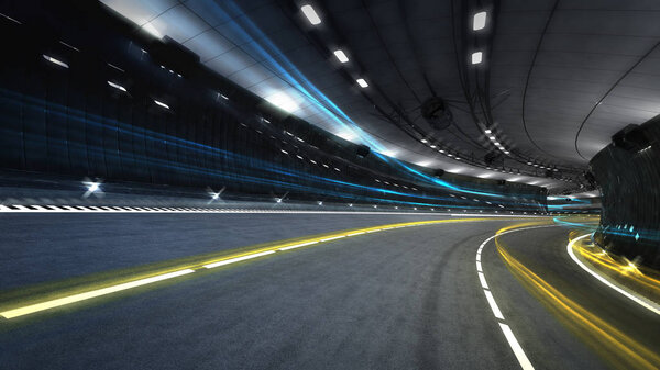 illuminated city road tunnel with spotlights