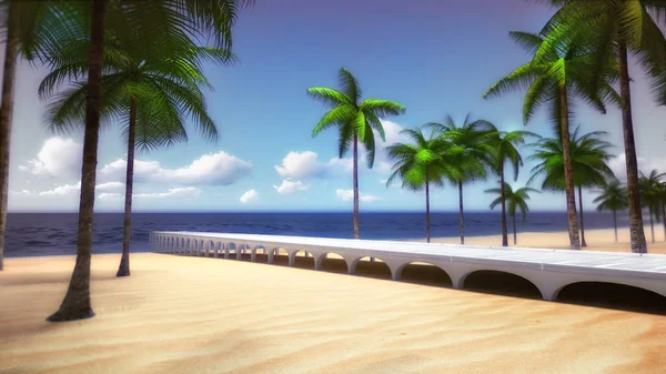 Plage de palmiers tropicaux avec pont menant à l'océan — Photo