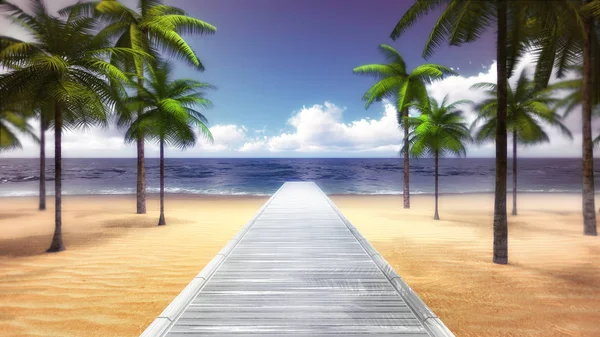 Tropikal palm beach tahta köprüden denize ile — Stok fotoğraf