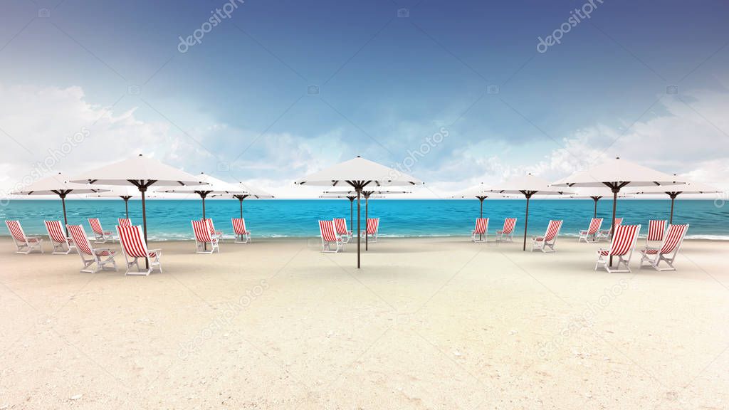 several deck chairs with sunshades on the beach