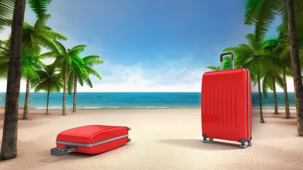 Two red luggage on the sandy tropical beach — Stock Photo, Image