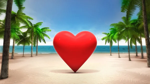 Corazón rojo en la playa tropical de arena —  Fotos de Stock