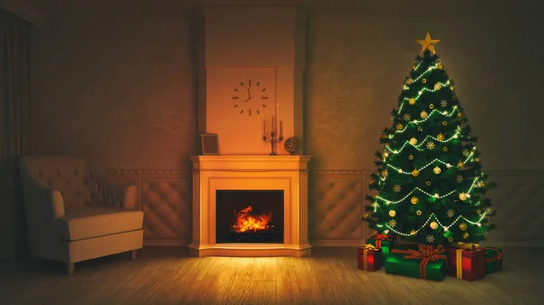 Chimenea Ardiente Con Árbol Navidad Iluminado Escena Interior Oscura Vacaciones — Foto de Stock