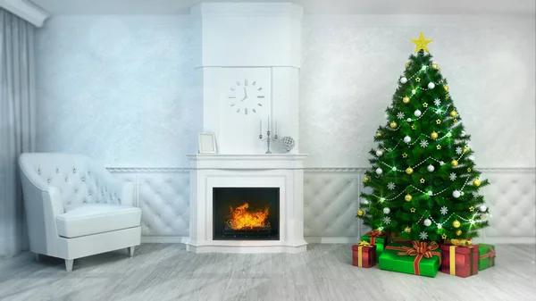 Fireplace interior with decorated christmas tree at daylight front view, holiday 3D illustration
