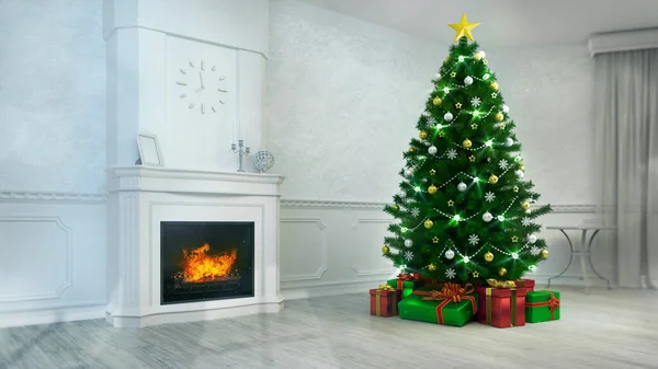 Chimenea Interior Con Árbol Navidad Decorado Vista Del Ángulo Luz — Foto de Stock