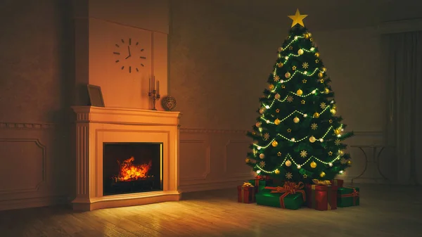 Brennender Kamin Mit Beleuchtetem Weihnachtsbaum Der Nacht Innenraum Szene Winterurlaub — Stockfoto