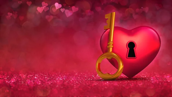 魅力的な明るいボケの背景にアクセスキーの概念を持つ赤いハート 愛のコンセプト3Dイラスト — ストック写真