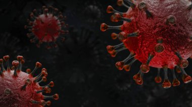 İki kırmızı tabanlı koronavirüs koyu arkaplanda 3 boyutlu görüntü olarak büyütülmüş.